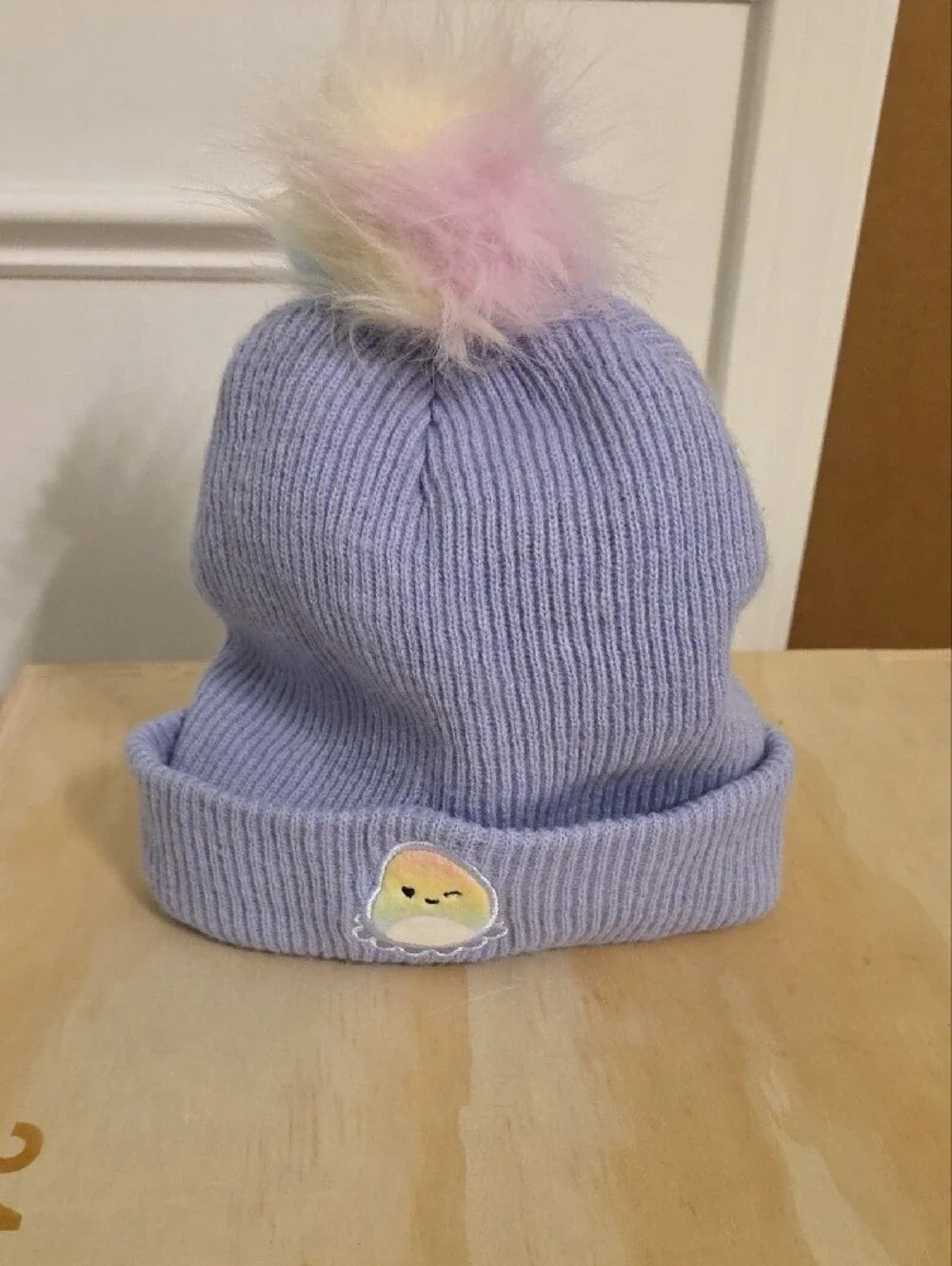 Squishmallows Lavender Knit Beanie with Pastel Rainbow Pom